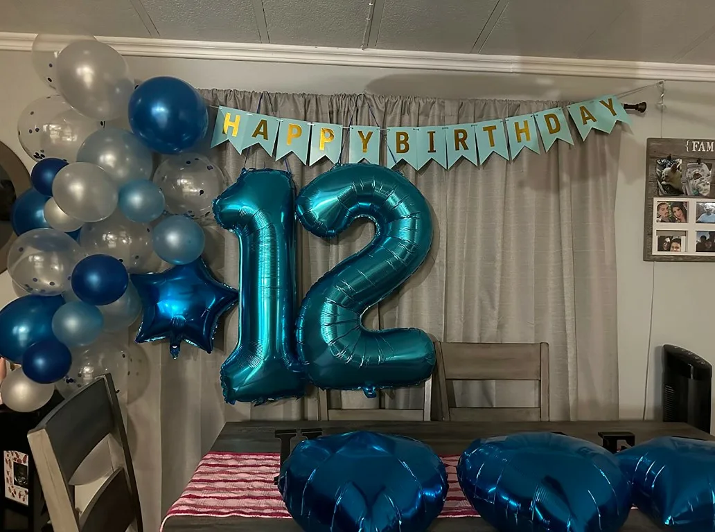 12th Birthday Party Ideas Blue Mylar Foil Number Balloon With Blue Banner Greetings