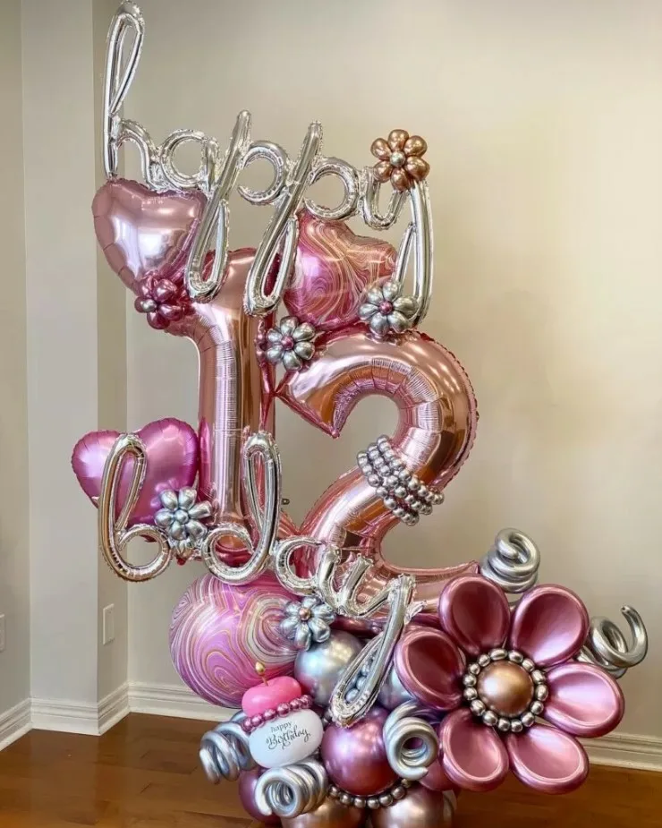 12th Birthday Party Ideas Customized Balloon Arrangement Mettalic Pink Theme