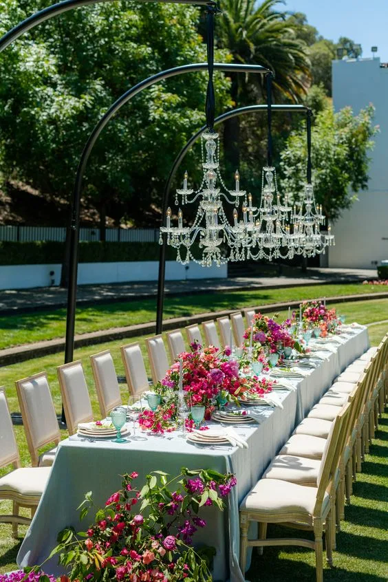 Wedding Dinner Table Outdoor With Hanging Chandeliers